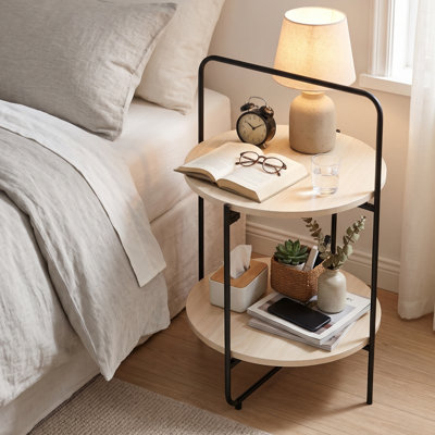 Table d'appoint ronde 18 po, table d'appoint en bois de chêne clair à 2 niveaux, table de bout pliante scandinave en métal avec poignée