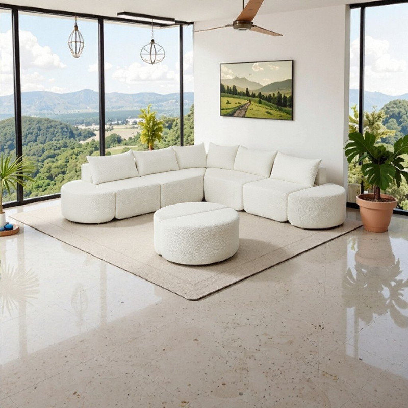 Canapé modulaire modulaire en chenille avec repose-pieds incurvé - Forme en V ou droite, aucun assemblage requis, Beige