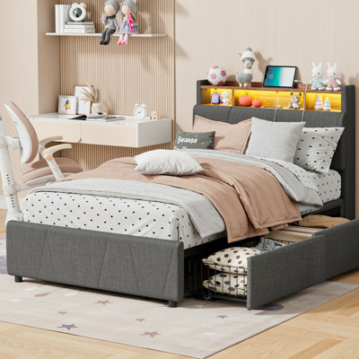Structure de lit simple avec 2 tiroirs, base de lit tapissier avec lumières à DEL et station de charge, aucun sommier nécessaire