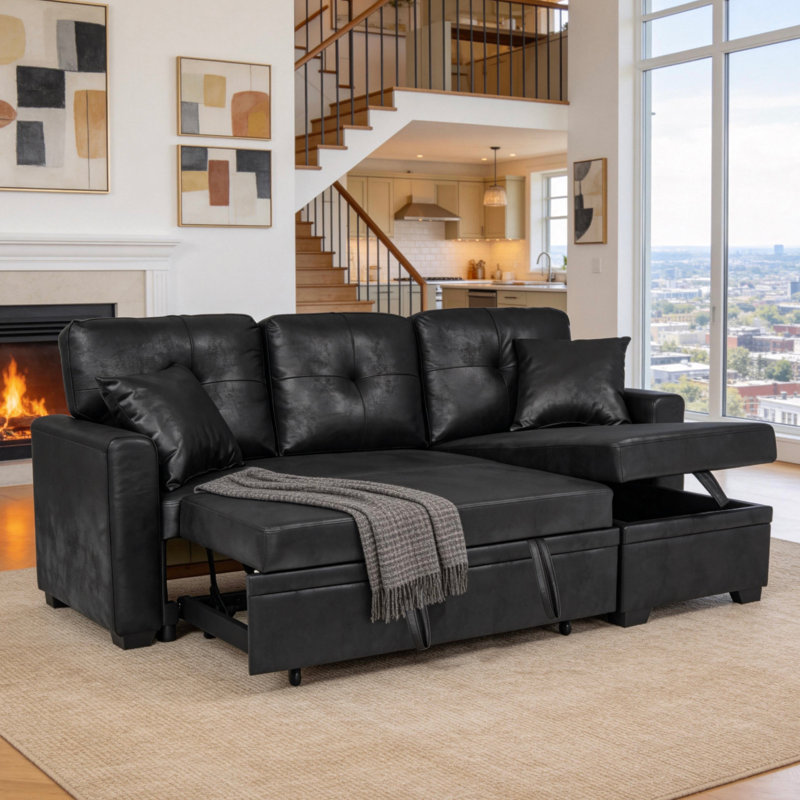 Canapé-lit, canapé modulaire avec lit escamotable, méridienne réversible, canapé modulaire avec rangement, tissu respirant noir, solution pour petit espace, canapé-lit convertible, mobilier de salon, canapé en L
