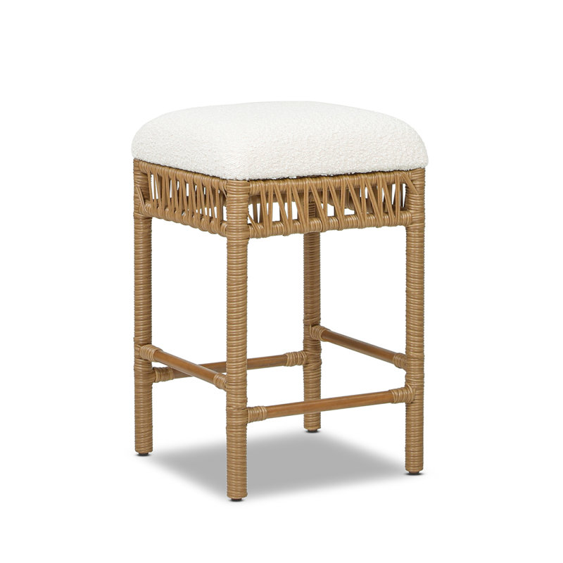 Tabouret de comptoir rembourré sans dossier 25,5 po Lucia avec structure en rotin de résine, blanc ivoire Boucle