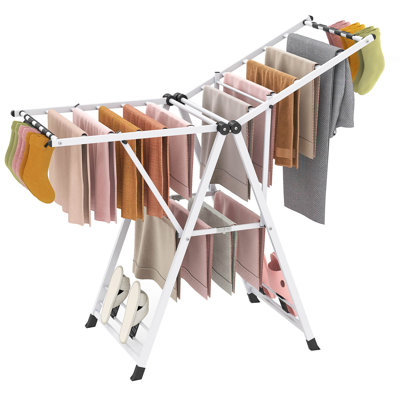 Séchoir à linge pliable en métal avec ailes réglables en hauteur, 16 rails de séchage blancs