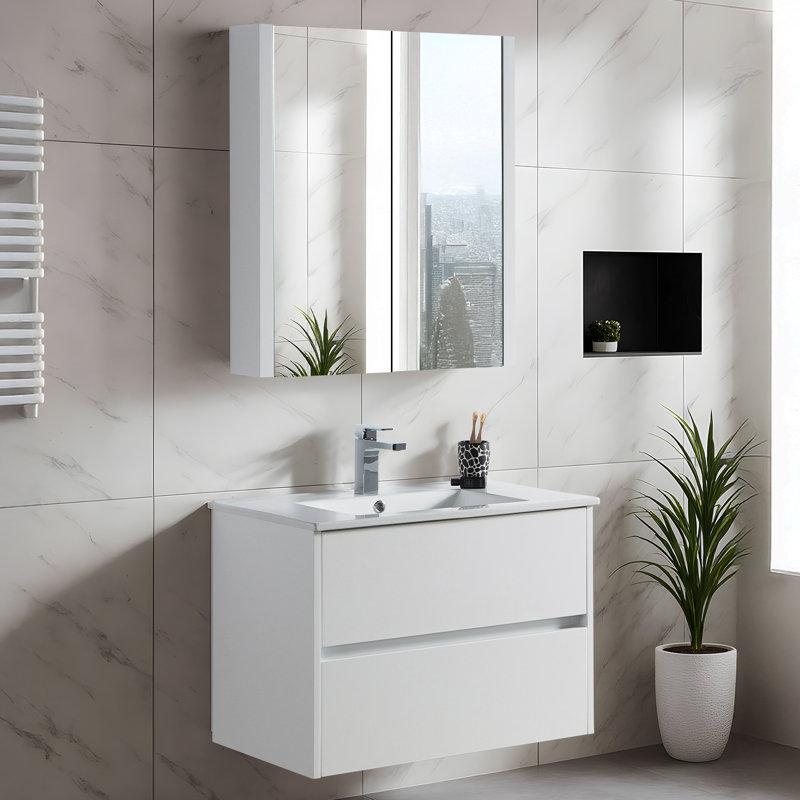Meuble-lavabo simple 30 po avec comptoir en céramique et armoire à pharmacie à miroir, Blanc lustré