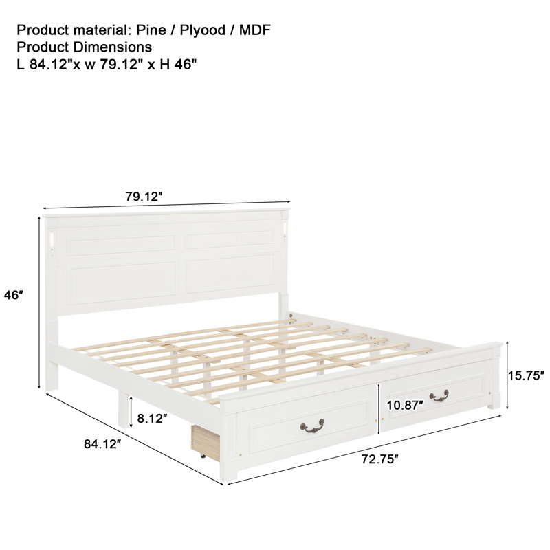 Platform Bed with Storage Drawers and LED Lights,Pine Wood Bed Frame with USB Charging Station and Headboard, Weight Capacity 500 lbs, No Box Spring Needed, White, King