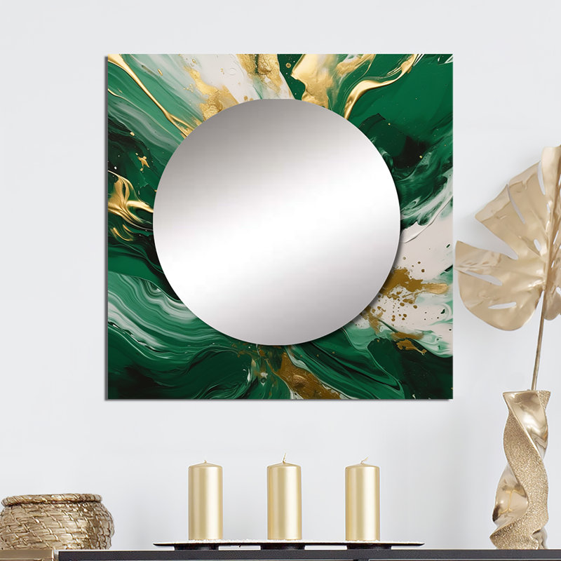 Kutay - Grand miroir carré abstrait vert et or Cascade II pour décor mural, 36 po x 36 po