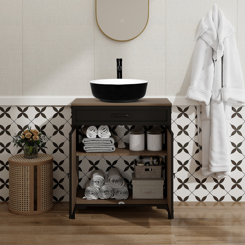 30" Free Standing Single Bathroom Vanity With Manufactured Wood Top With Sink And Faucet, Black/White