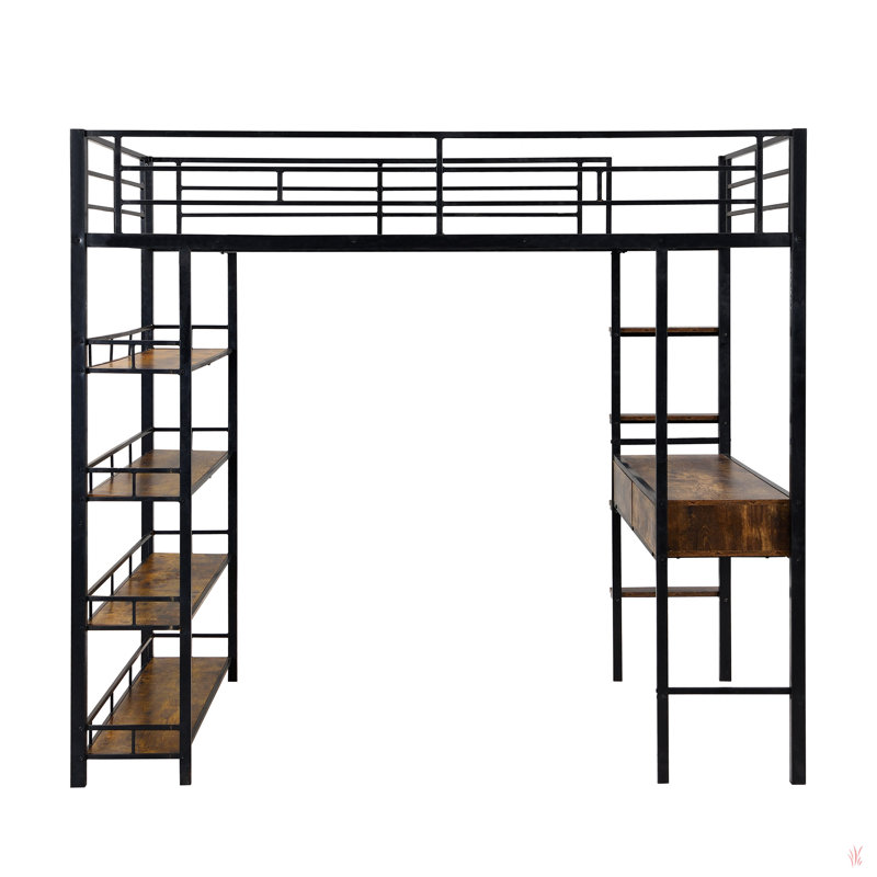 Lit mezzanine en métal avec bureau et tablettes, noir, Lit double