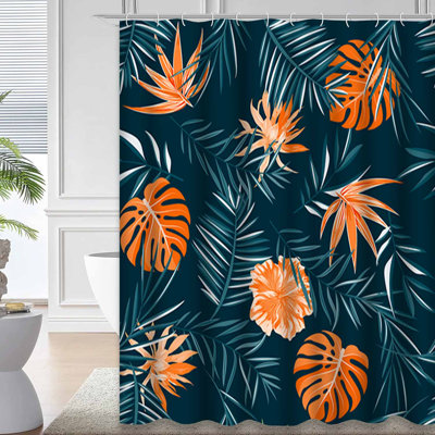 Dark Tropical Jungle Palm Leaves Abstract Shower Curtain with 12 Hooks