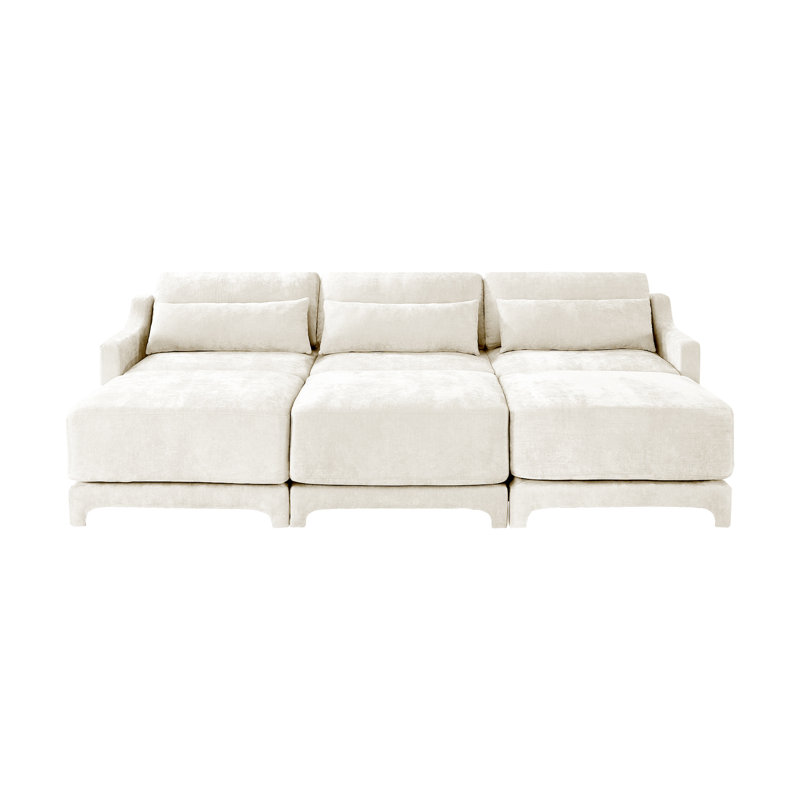 Beige à trois places avec matériau chenille, 3 coussins lombaires amovibles, structure, configuration flexible pour les espaces avec revêtement, support assorti, éponge confortable, structure différente