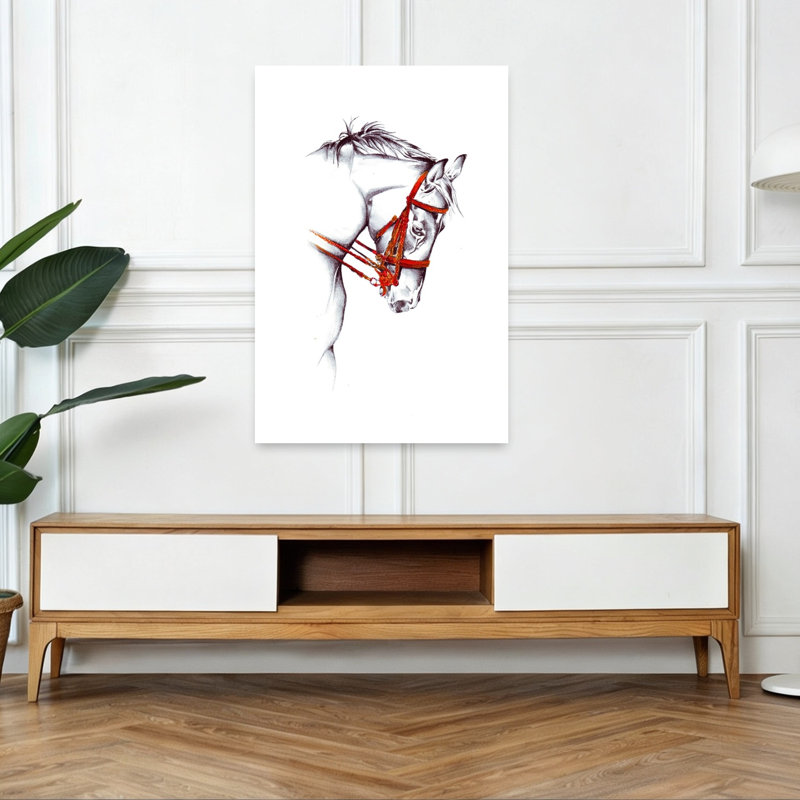 Croquis d'un cheval à bride rouge, portrait de cheval élégant et serein, style contemporain, impression d'art mural