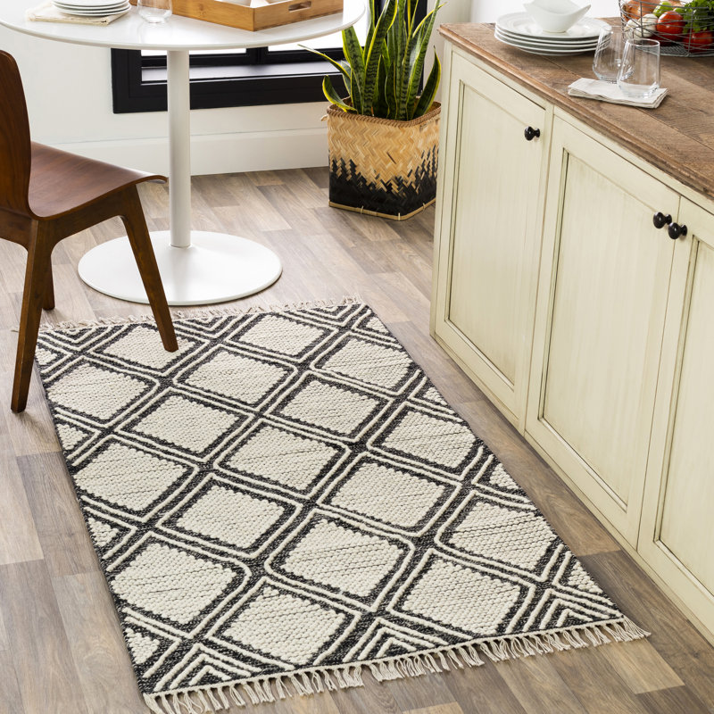 Tapis noir / crème fait à la main Jibreal, Rectangle 3 pi x 5 pi