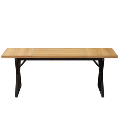 71" Farmhouse Dining Table for 6, Rustic Rectangular Kitchen Table with X-Trestle Metal Legs, Wood Top Dinner Table for Dining Room, Light Walnut & Bl