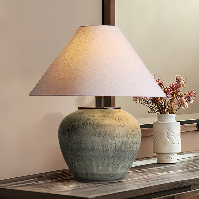Handcrafted Earthenware Table Lamp With Linen Shade – Rustic Farmhouse Accent Lamp With Included Bulb For Bedroom Or Living Room