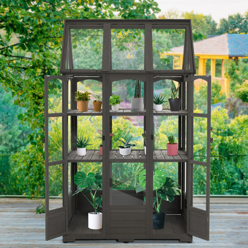 4' W X 3.23' D Wooden Polycarbonate Greenhouse With Adjustable Shelves And Roof Vent & Roof Vent, Dark Gray