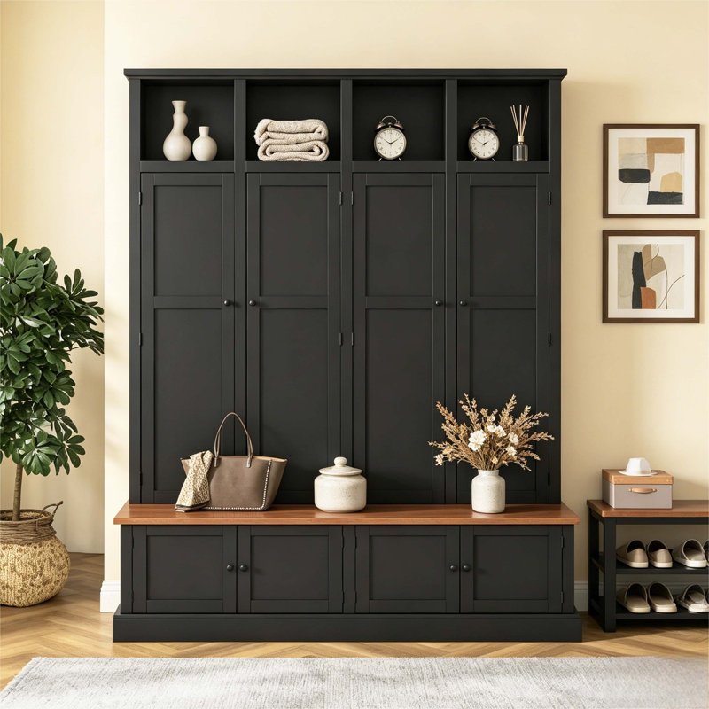 Farmhouse All-in-One Entryway Hall Tree with Cabinets, Bench and Open Cubbies, Large Mudroom Organizer, Black