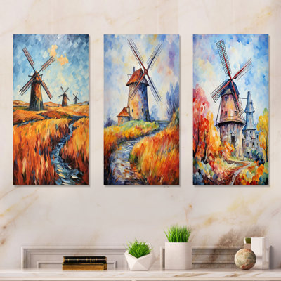 Fauvist Windmill Meadows I - Wind Turbines Metal Prints Set Of 3
