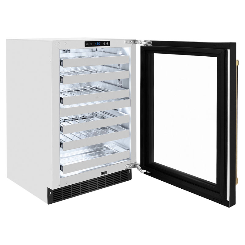 ZLINE Autograph 24 in. Touchstone Dual Zone Wine Cooler with Black Steel Door & Gold Helix Handle, Gold