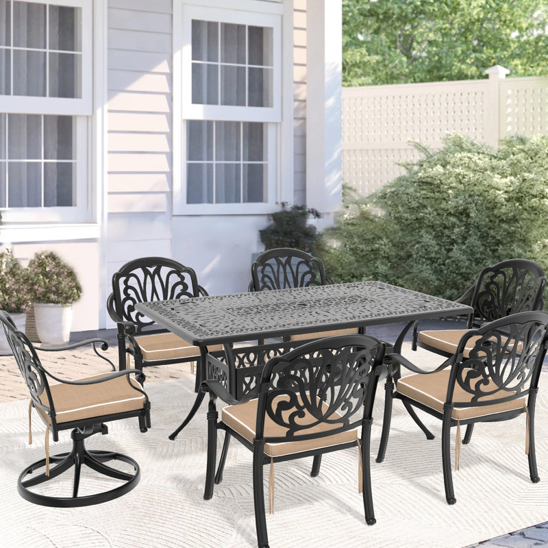 Ensemble de 7 chaises de jardin en fonte d'aluminium, 2 chaises pivotantes, 4 tables rectangulaires, noir, caractéristique de portabilité, configuration 6 places toutes saisons, résistance aux chocs