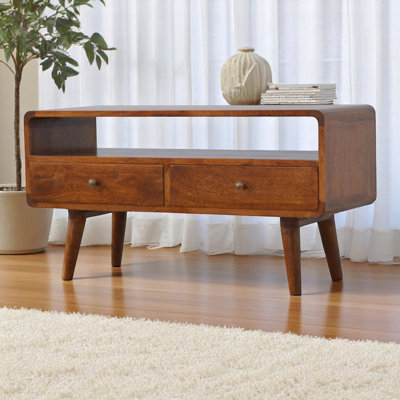 Solid Wood Curved Chestnut Media Unit, Open Slot, 2 Drawers