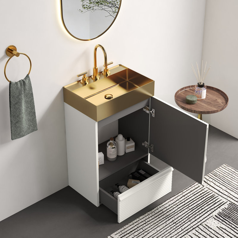 Meuble-lavabo autoportant à rayures 20 po avec lavabo vasque en métal, Blanc mat