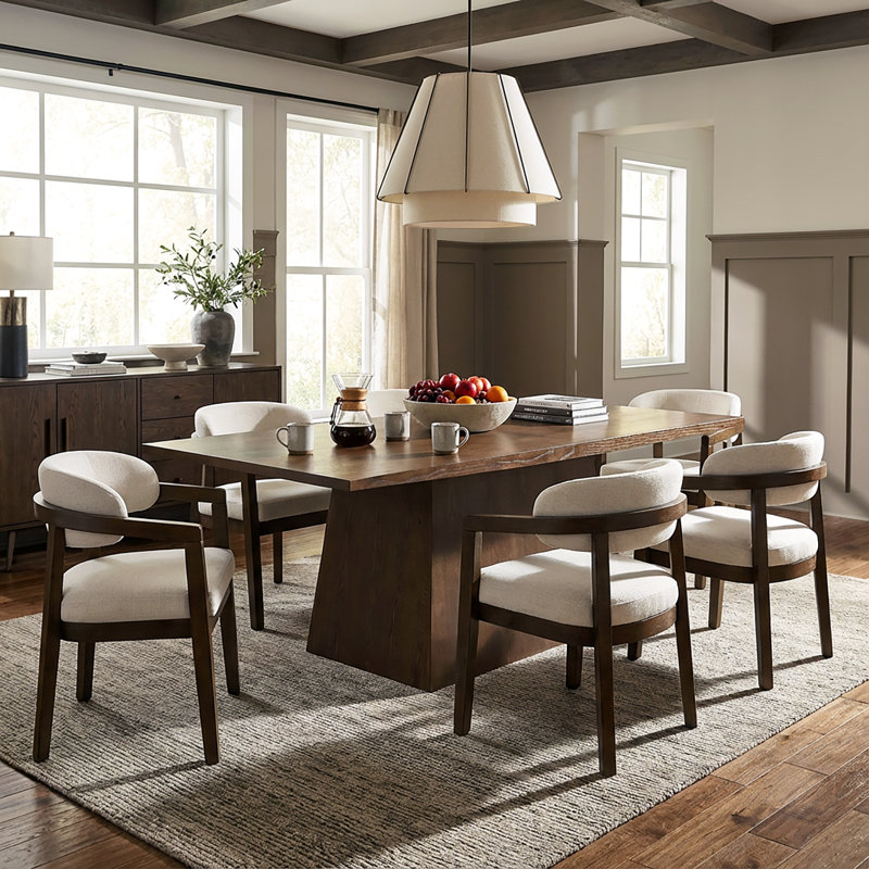 Declan 7-Piece Solid Wood Dining Table Set With Upholstered Chairs, Walnut