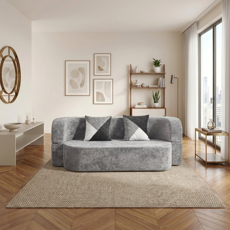 Upholstered 131.5'' Sleeper Sofa, Silver+Grey