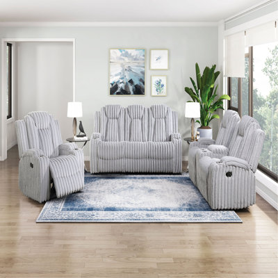 Ultra Comfort Sofa 3Pc Set Reclining Sofa Loveseat Chair Cup Holders Premium Corduroy Upholstery Living Room Furniture