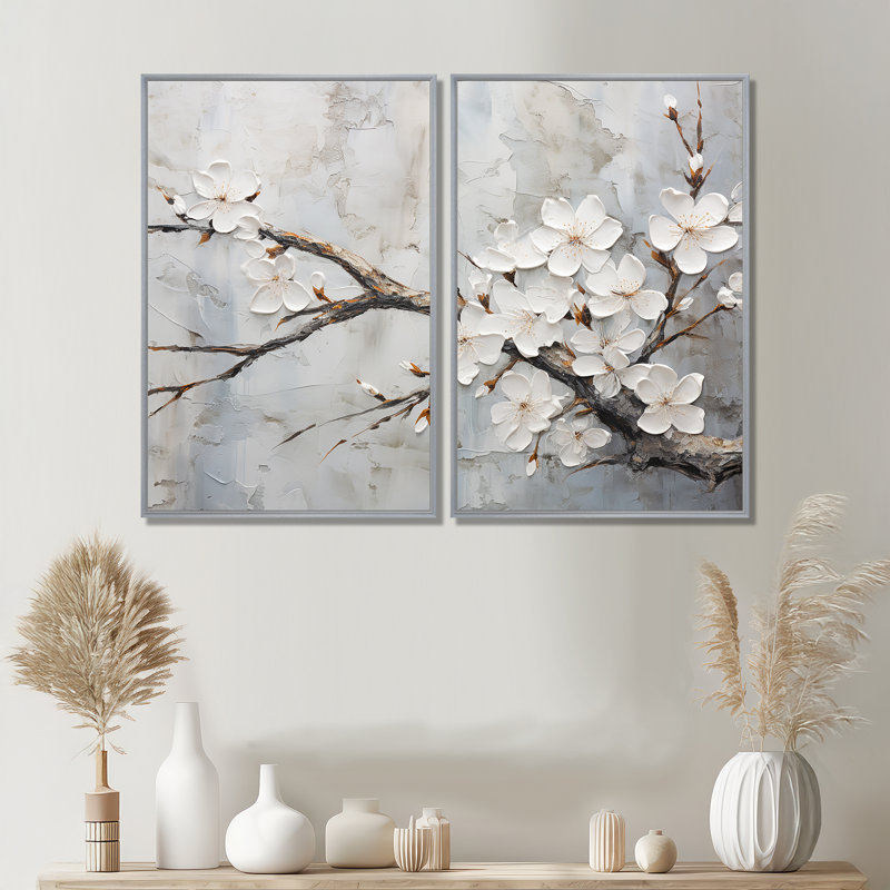 Fleur de cerisier blanc et gris minimaliste, 36" H x 48" W, Impression encadrée flottante, Silver