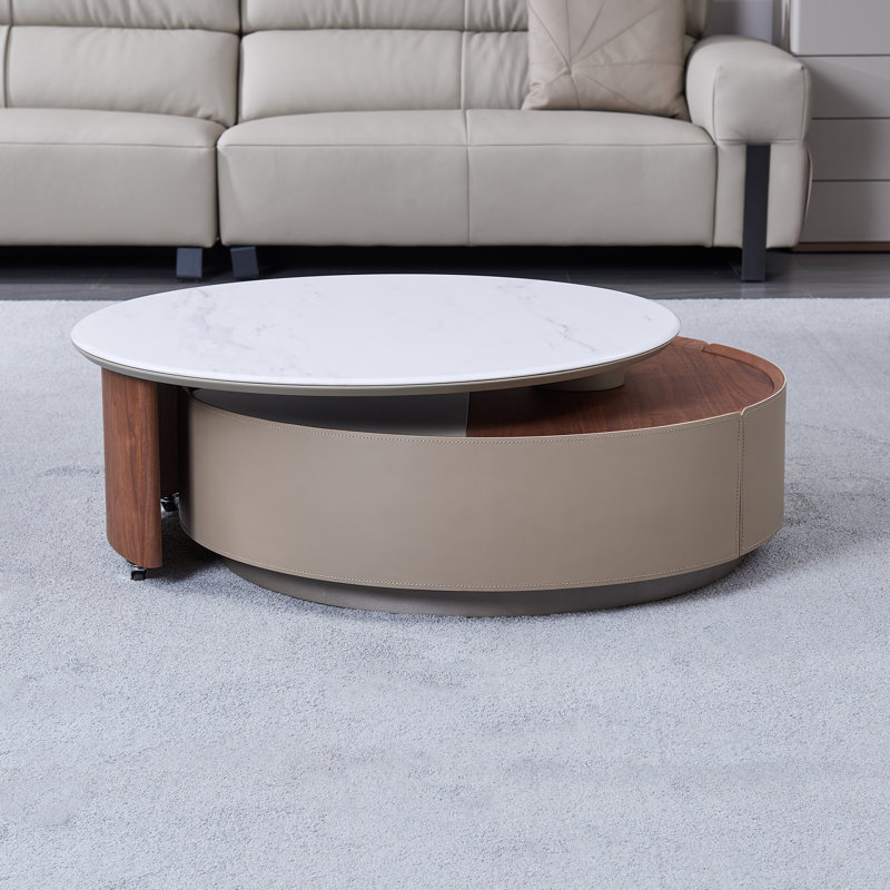 Table basse gigogne en bois fritté avec plateau rotatif à 360 degrés, plateau de rangement et tiroir surélevés, aucun assemblage requis