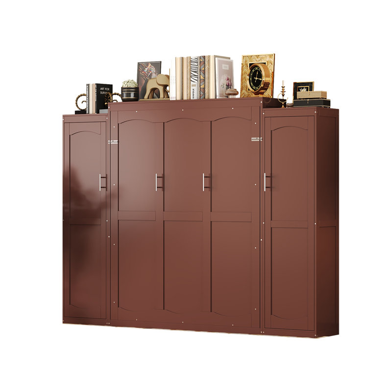 Lit escamotable avec 2 armoires et tablette de rangement - noyer, Double