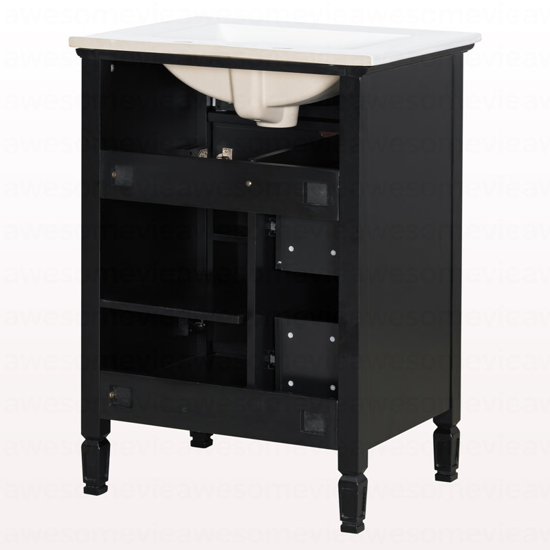 Meuble-lavabo de 24 po avec lavabo, armoire en bois massif et panneau de fibres à densité moyenne avec un tiroir rabattable, deux tiroirs standard et une tablette réglable, meuble-lavabo noir autoportant pour le rangement de la salle de bain