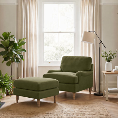 Bernard Upholstered Fabric Armchair & Pouffe Footstool With Rubberwood Legs - Classic Design