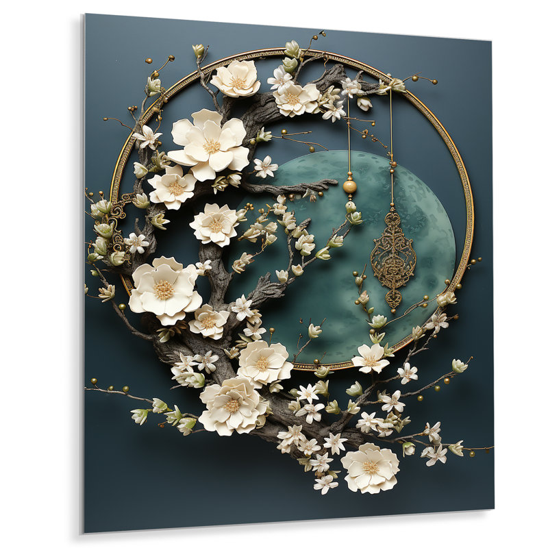 Or et fleurs blanches sur pierre bleue II - art mural en métal Geode Stone, H 32 po x l 24 po x P 1 po