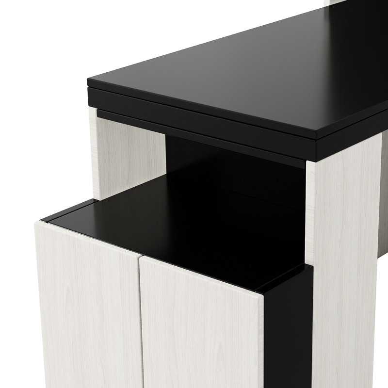 Lit double noir et blanc avec tablettes de rangement et bureau pour économiser de l'espace
