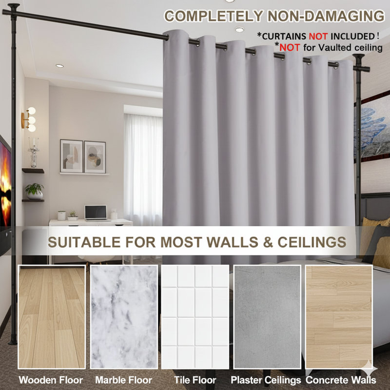 Ebern Designs Room Divider, No Drilling Curtain Rod Wall Divider For ...
