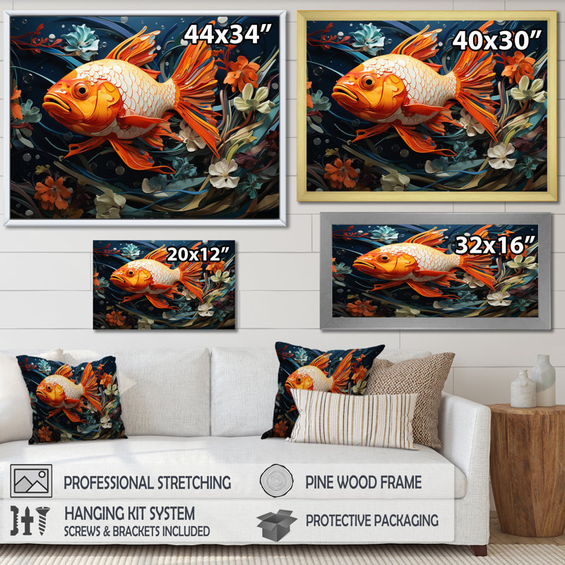 Attia - poisson orange géométrique I - imprimé, H 24 po x l 32 po x P 1 po, Toile tendue