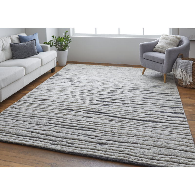 Broadfield Striped Hand-Knotted Wool Area Rug in Ivory, Rectangle 2' x 3'