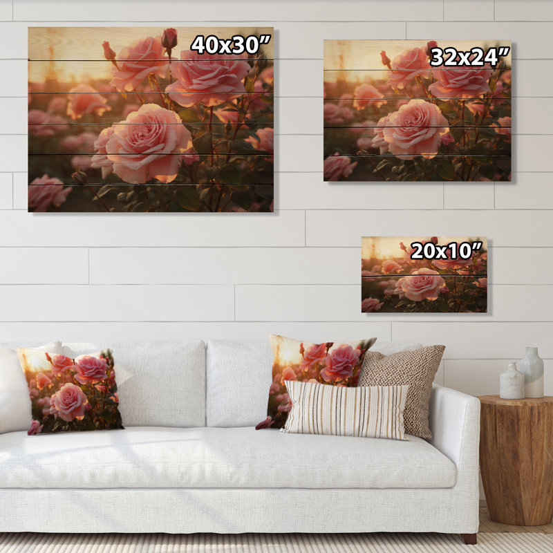 Champ de roses roses avec impression de coucher de soleil sur bois naturel, H 24 po x l 32 po x P 0,78 po