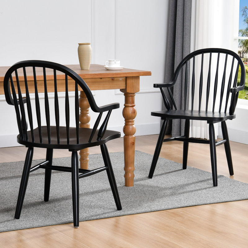 Hughes 24" Wide Windsor Solid Wood Dining Chairs With Armrests, Black