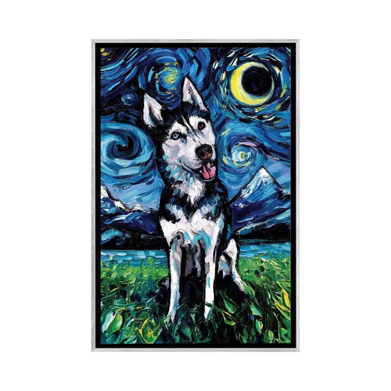 « Happy Husky Night » par aja Trèves, reproduction d’art, 40" H x 26'' W x 1.5'' D, Toile avec cadre argent, Pas de tapis