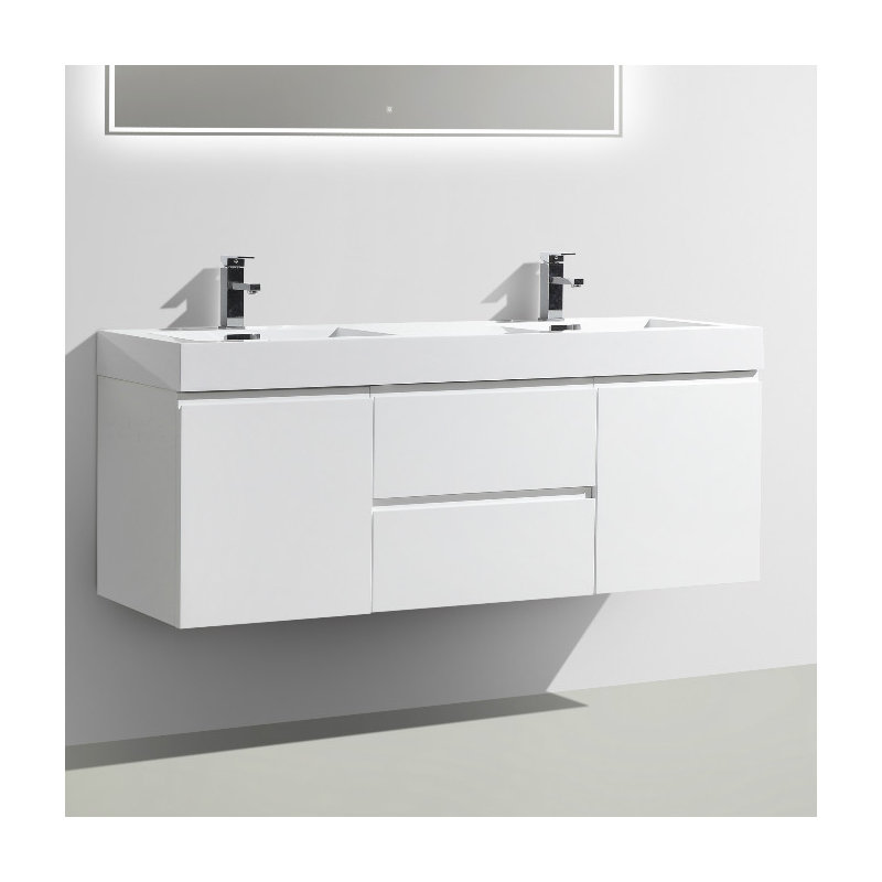 Ensemble de meuble-lavabo double mural de 59 po Mitul, Blanc très luisant