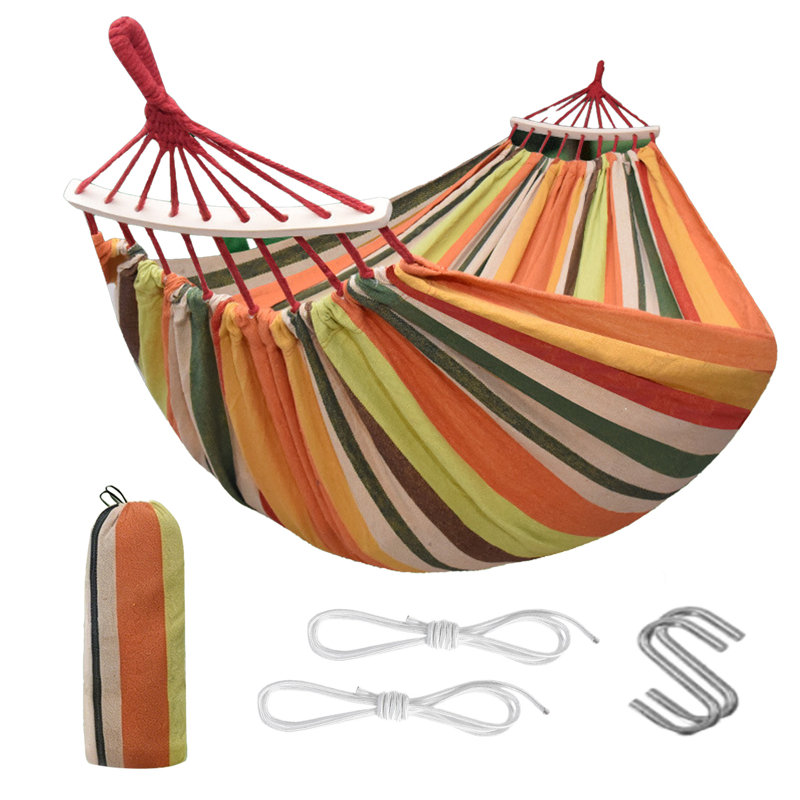 Très grand hamac en toile avec épandeur de bois, capacité de 500 livres, lit balançoire rayé bleu-vert avec cordes et sac pour l'extérieur et l'intérieur, orange-vert