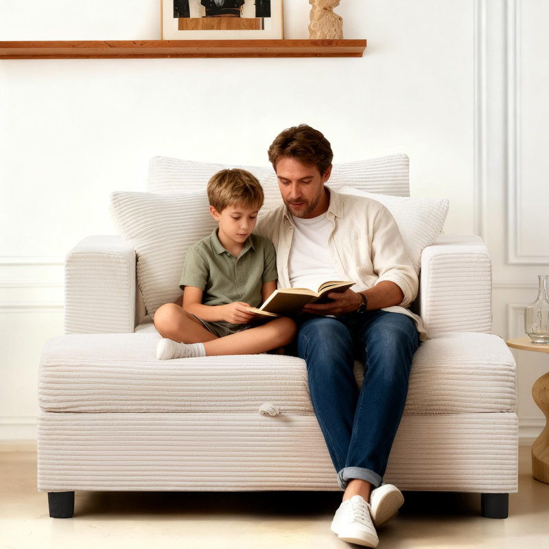 Corduroy Upholstered Sofa Lounge Chair with Removable Ottoman and Pillows, Non-Storage Ottoman, Beige