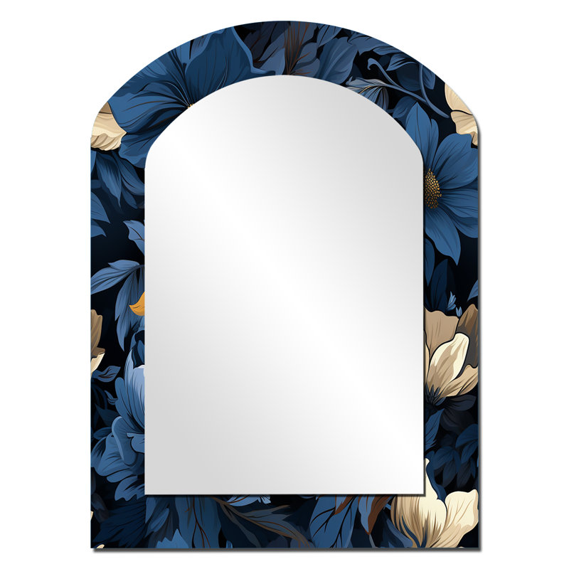 Olavo Nightfall Dark Blue And White  Floral Pattern - Floral Asymmetrical Wall Mirror, Blue Arch Decorative Mirror, Printed Metal Art