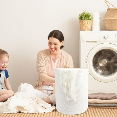 Panier à linge en corde de coton tissé - Panier à linge 15 po x 20 po pour corde à linge, vêtements et couvertures parfaits pour la salle de bain, la chambre de bébé et le salon (blanc)