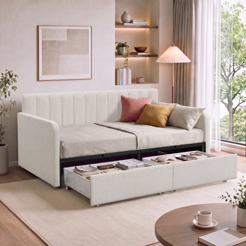 Keyten Upholstered Daybed with Storage Drawers, Cream Chenille