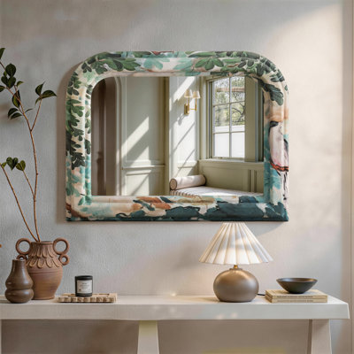 Alexios Vintage Arched Decorative Wall Mirror with Floral Fabric Wood Frame
