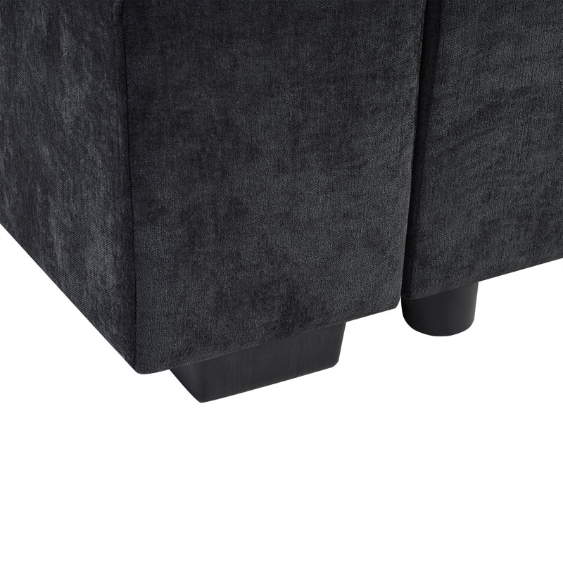 Canapé rembourré en L avec compartiment de rangement en bois et coussins décoratifs, Chenille noir