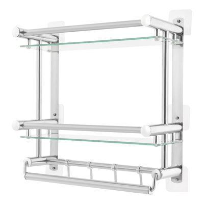 2-Tier Bathroom Shelf with 4 Hooks Towel Rack and Shelf for Bathroom Storage Wall Mount Organizer for Shower Room