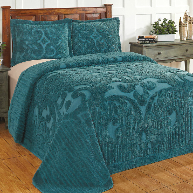 Teal Full Cotton Chenille Textured Scrolling Bedspread